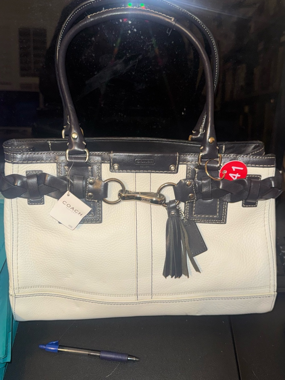 Coach Two-Tone White and Black Leather Satchel with Tassel New Never used